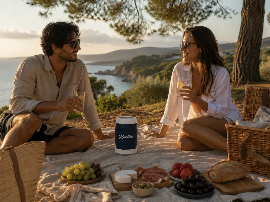 Picnic mediterráneo al atardecer con Koolins y bebidas frías