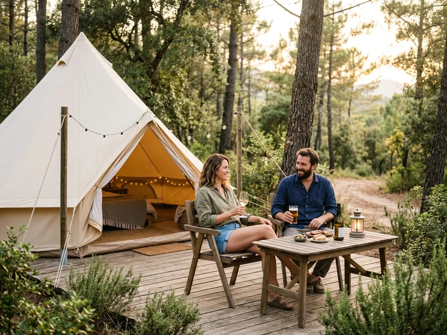 Glamping mediterráneo con terraza exterior y bebidas al atardecer