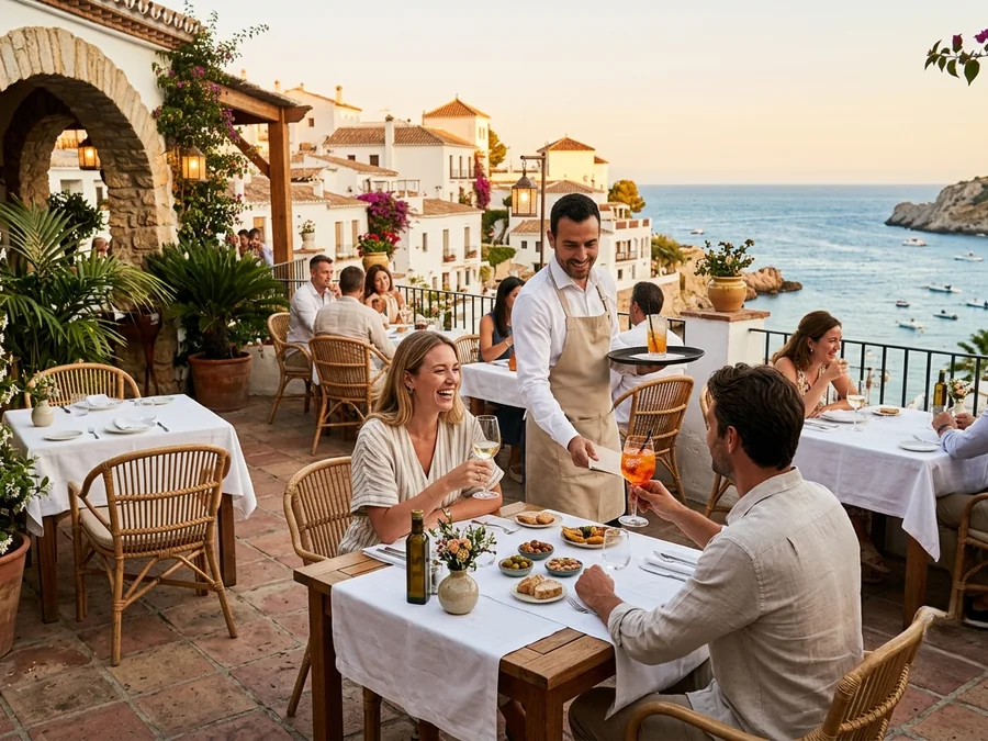 Terraza mediterránea de restaurante con vistas al mar
