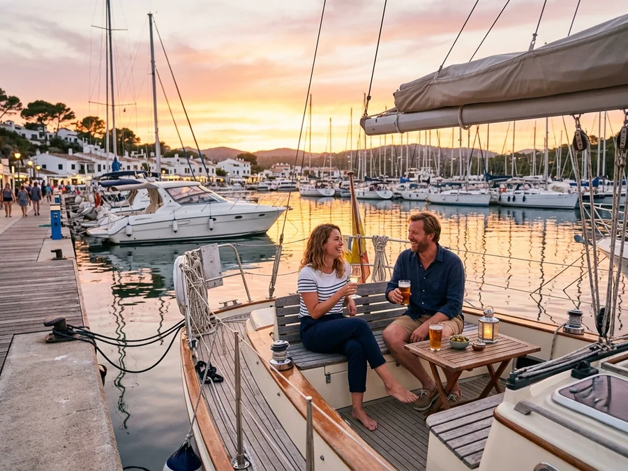 Puerto mediterráneo con personas en un barco al atardecer